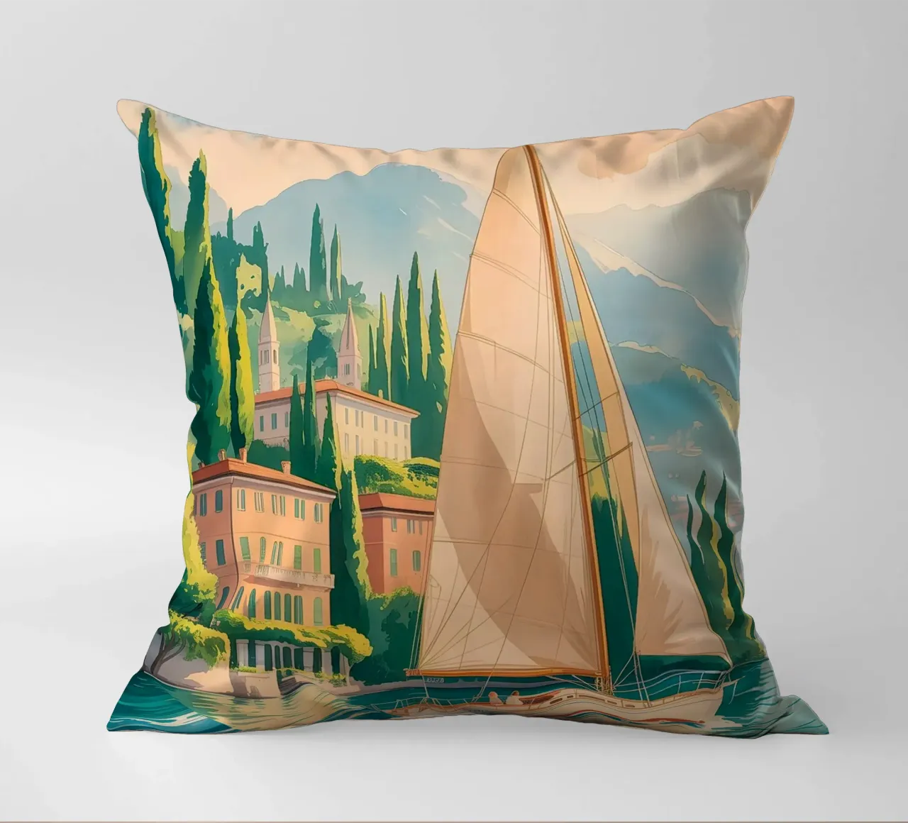 Poster di viaggio del Lago di Como ad acquerello cuscino da Vintage Travel Art