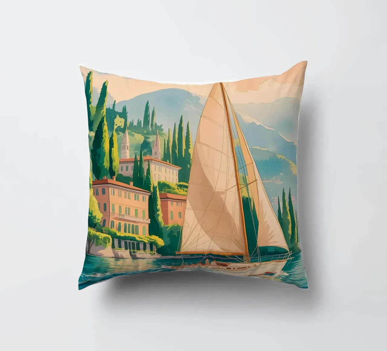 Poster di viaggio del Lago di Como ad acquerello cuscino da Vintage Travel Art