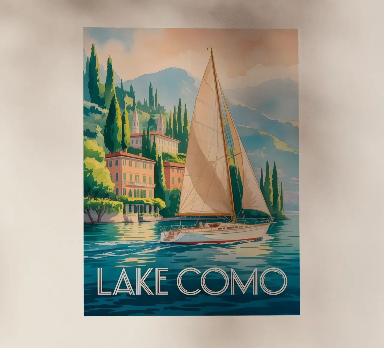 Poster di viaggio del Lago di Como ad acquerello pellicola backlit da Vintage Travel Art