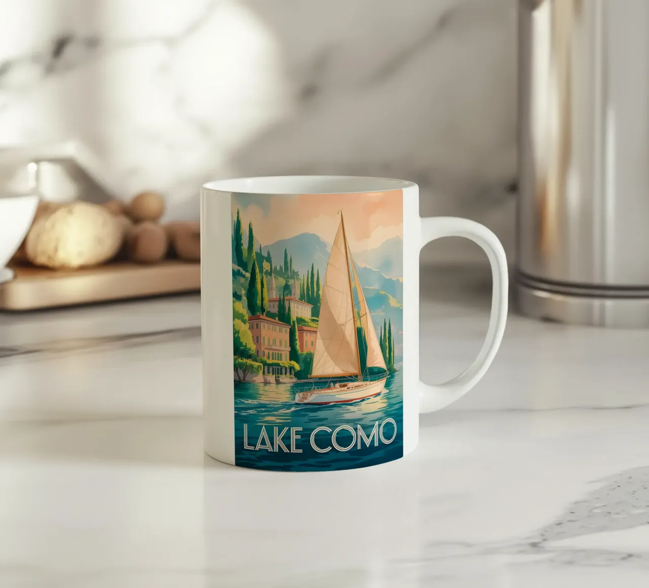 Poster di viaggio del Lago di Como ad acquerello tazza in ceramica da Vintage Travel Art