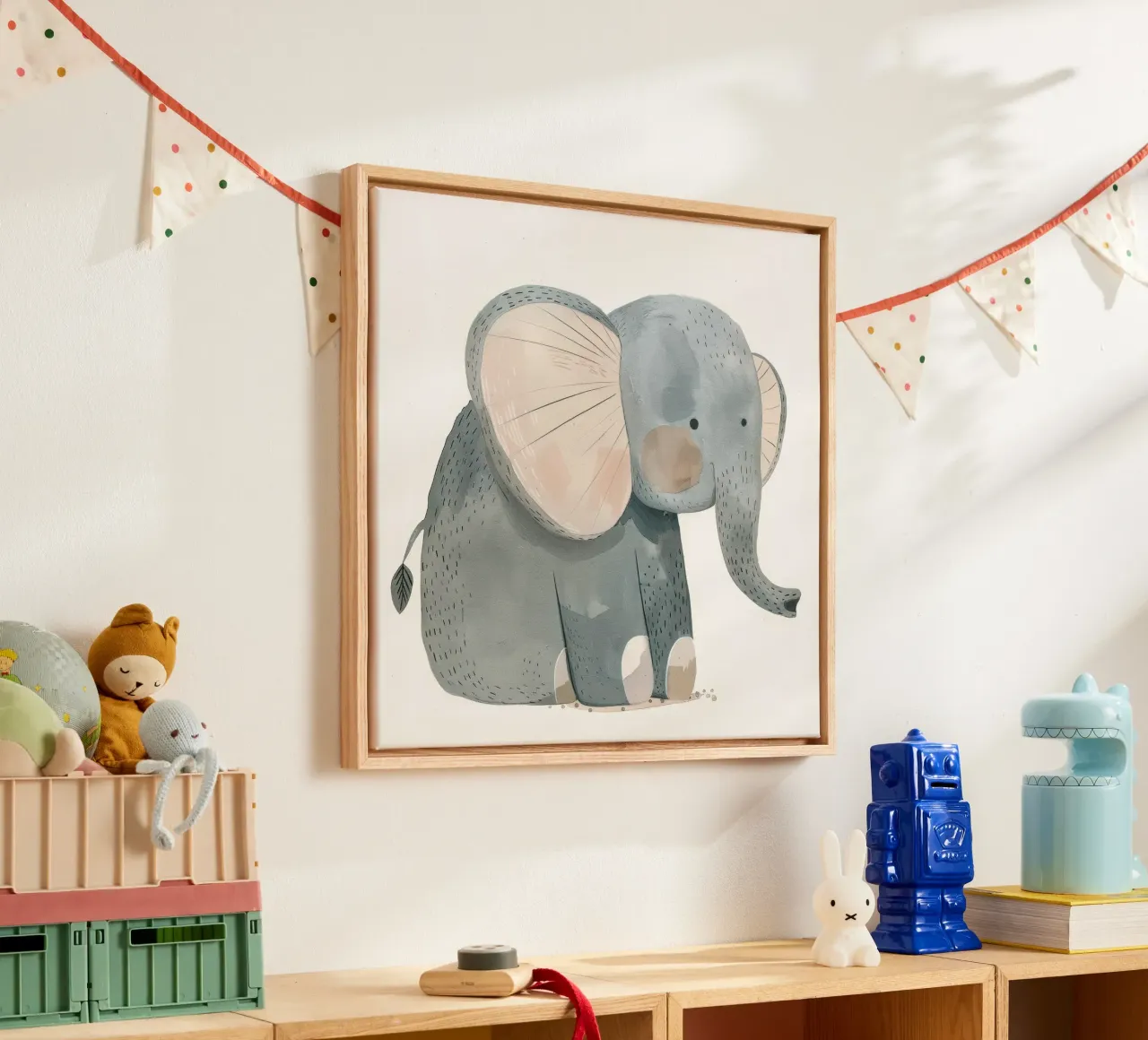 Whimsical Baby Elephant - A Soft and Sweet Jungle Friend canvas with Floater frame by DesignDoodle