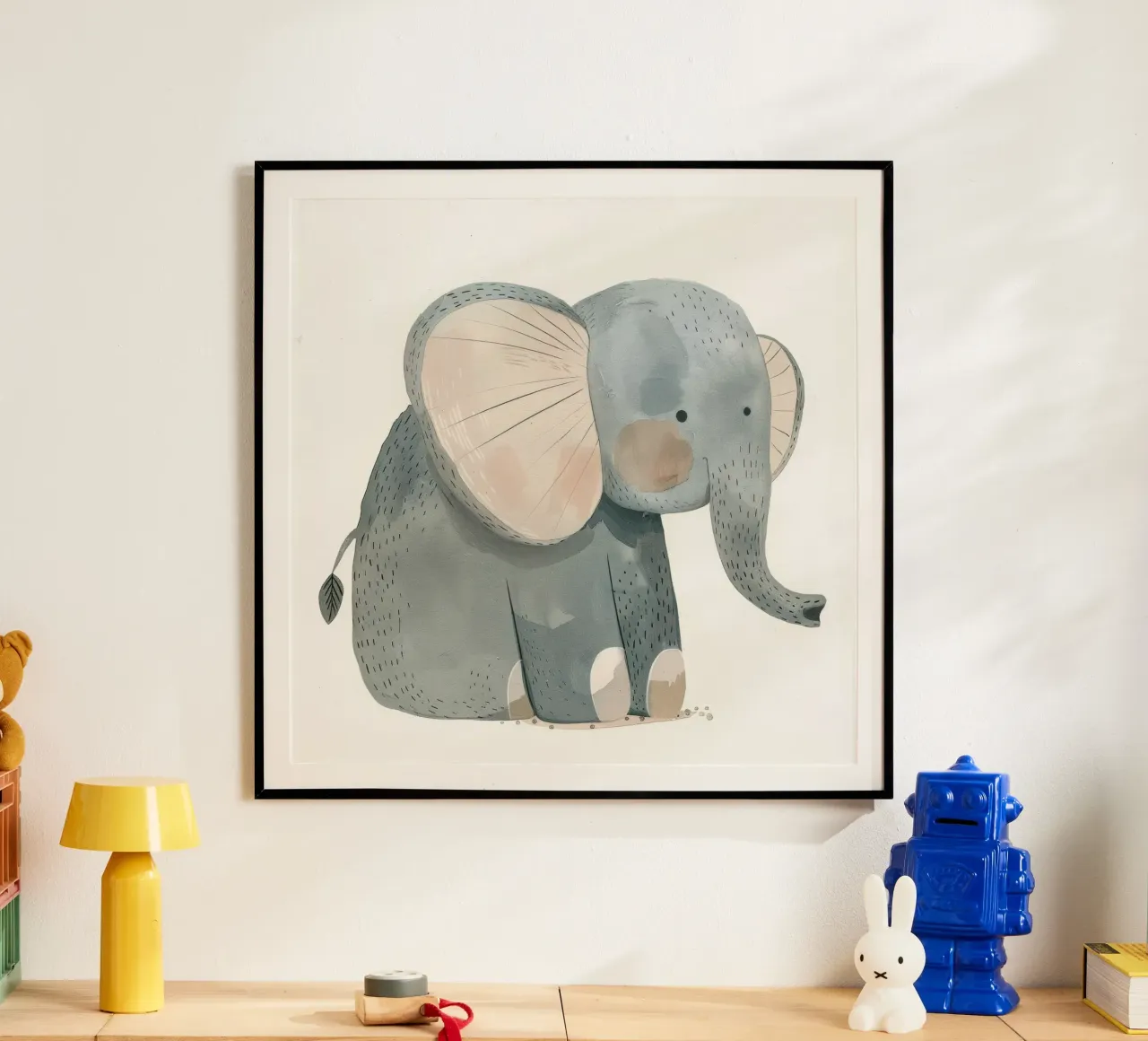 Elefantino stravagante - Un tenero e dolce amico della giungla poster con telaio in legno da DesignDoodle