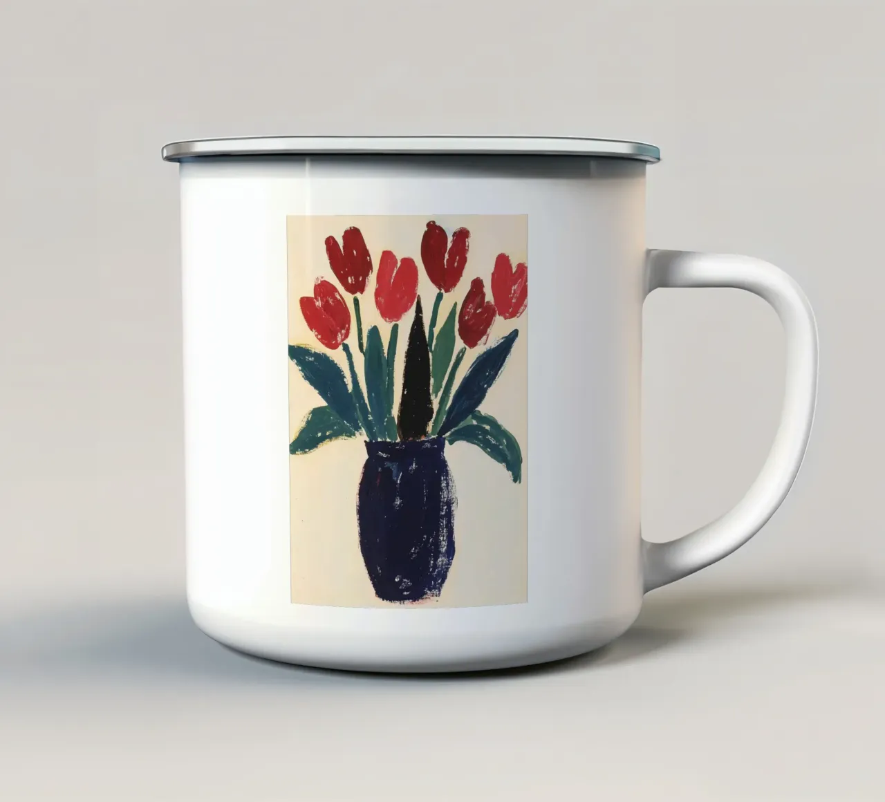 Tulips in vase enamel mug by Olga Wildrose