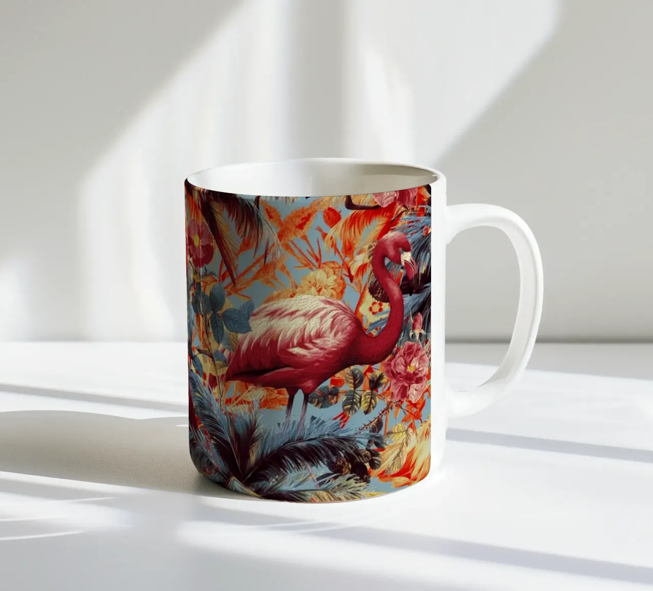 Flamingos and Floral Pattern Keramik Tasse von burcukorkmazyurek