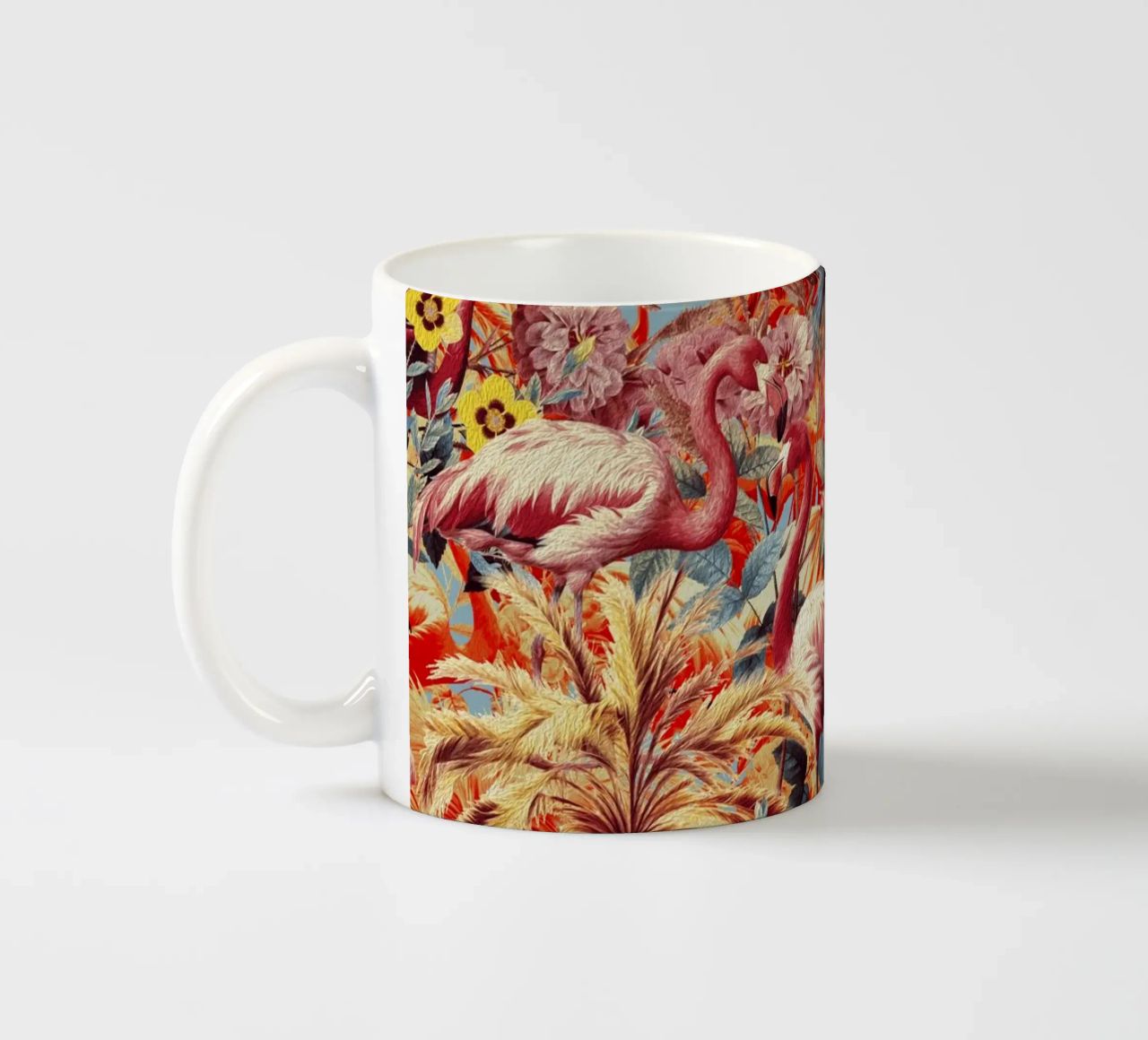 Flamingos and Floral Pattern tazza in ceramica da burcukorkmazyurek