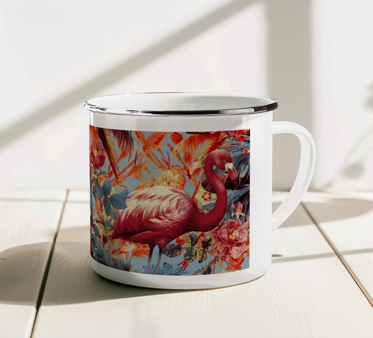 Flamingos and Floral Pattern mug en émail de burcukorkmazyurek