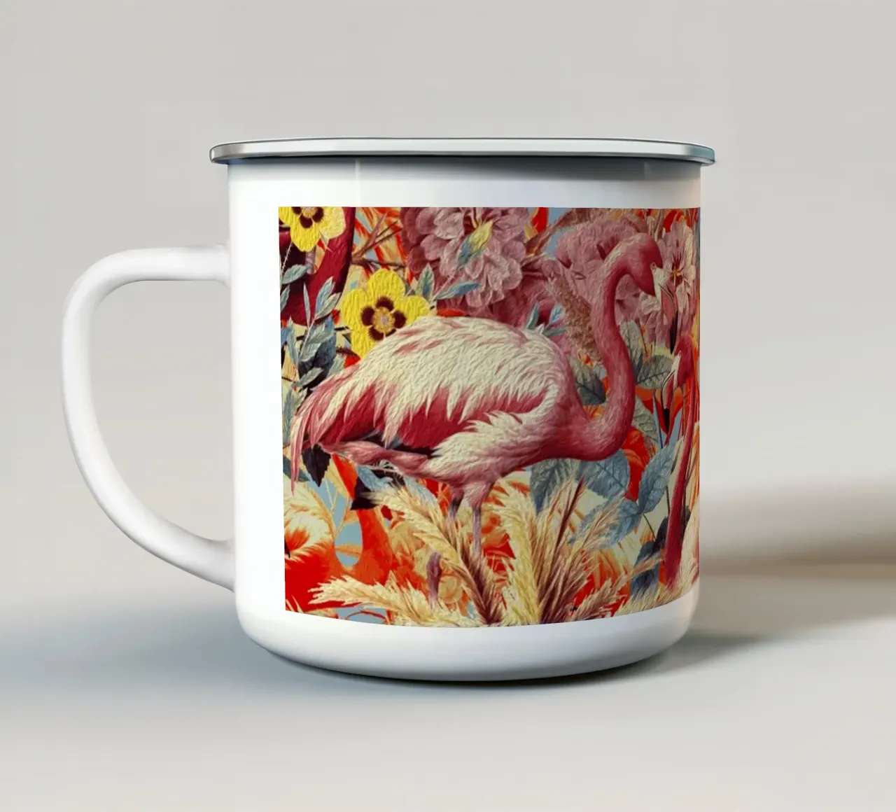 Flamingos and Floral Pattern taza de esmalte de burcukorkmazyurek