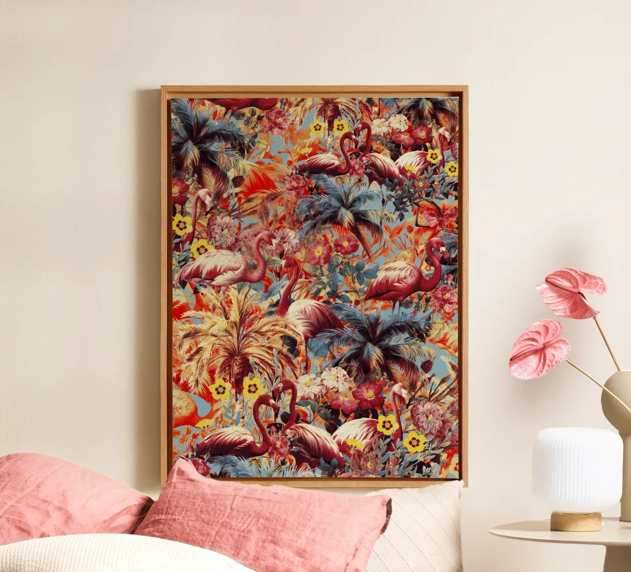 Flamingos and Floral Pattern tela con Cornice a cassetta da burcukorkmazyurek