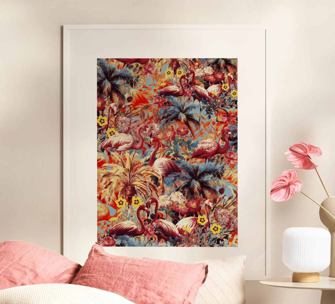 Flamingos and Floral Pattern poster de burcukorkmazyurek