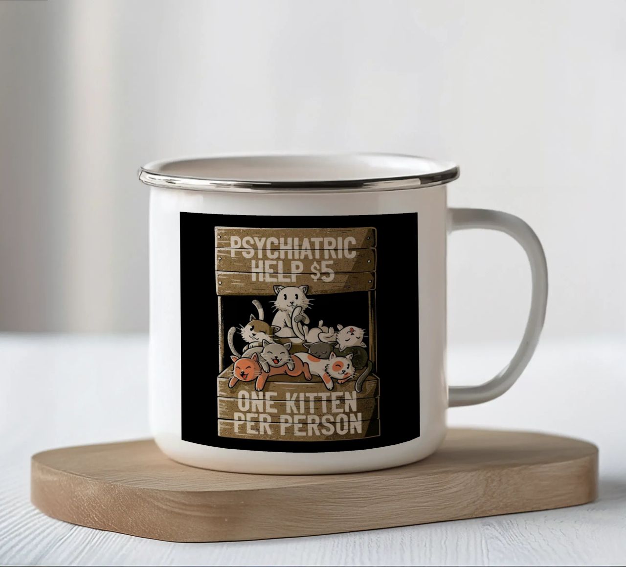 One Kitten Per Person tazza in smalto da Tobe Fonseca