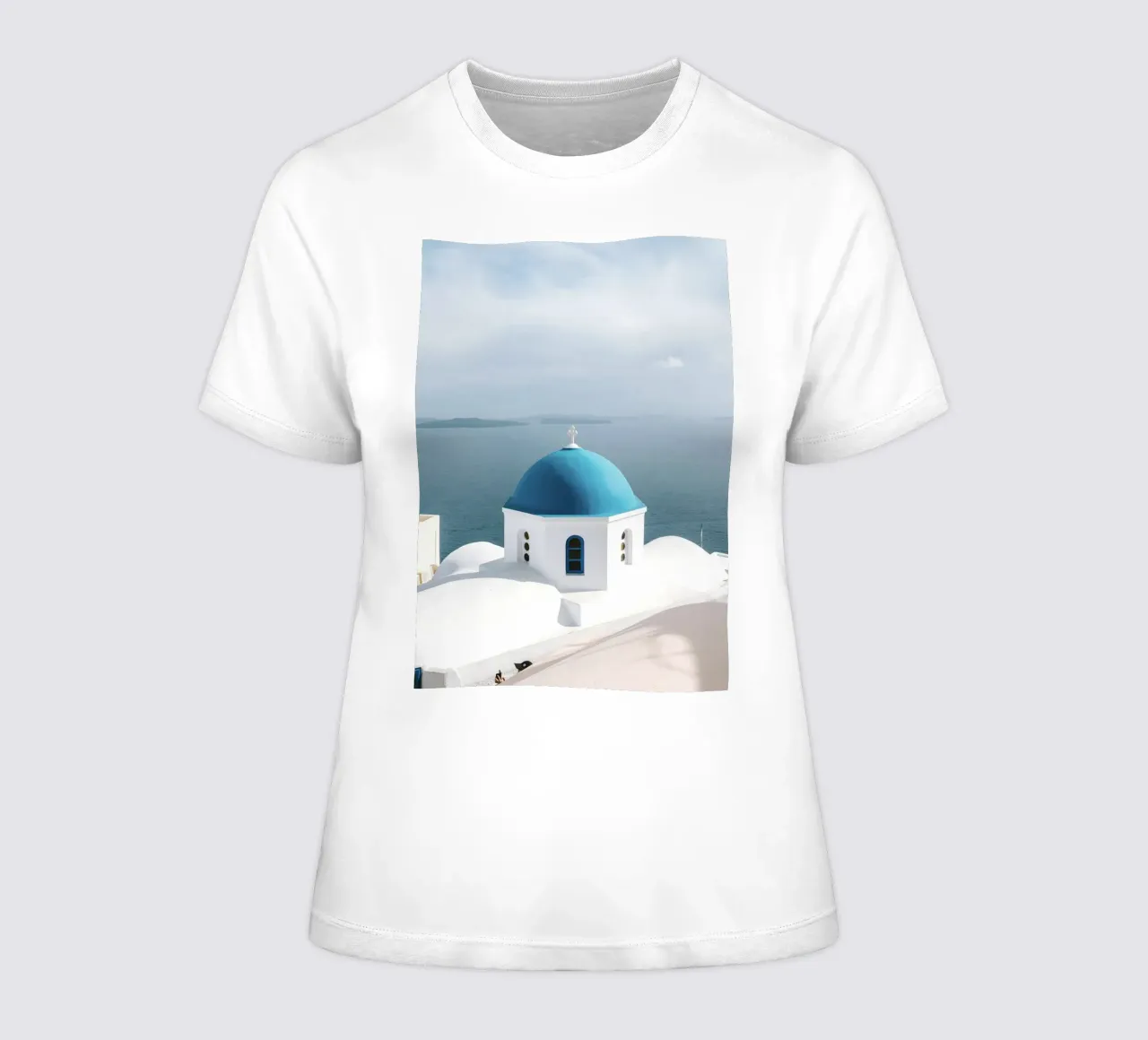 Santorini Greece, Travel Print, Greek Islands, Summer Print women's fitted t-shirt by TheTravelClub