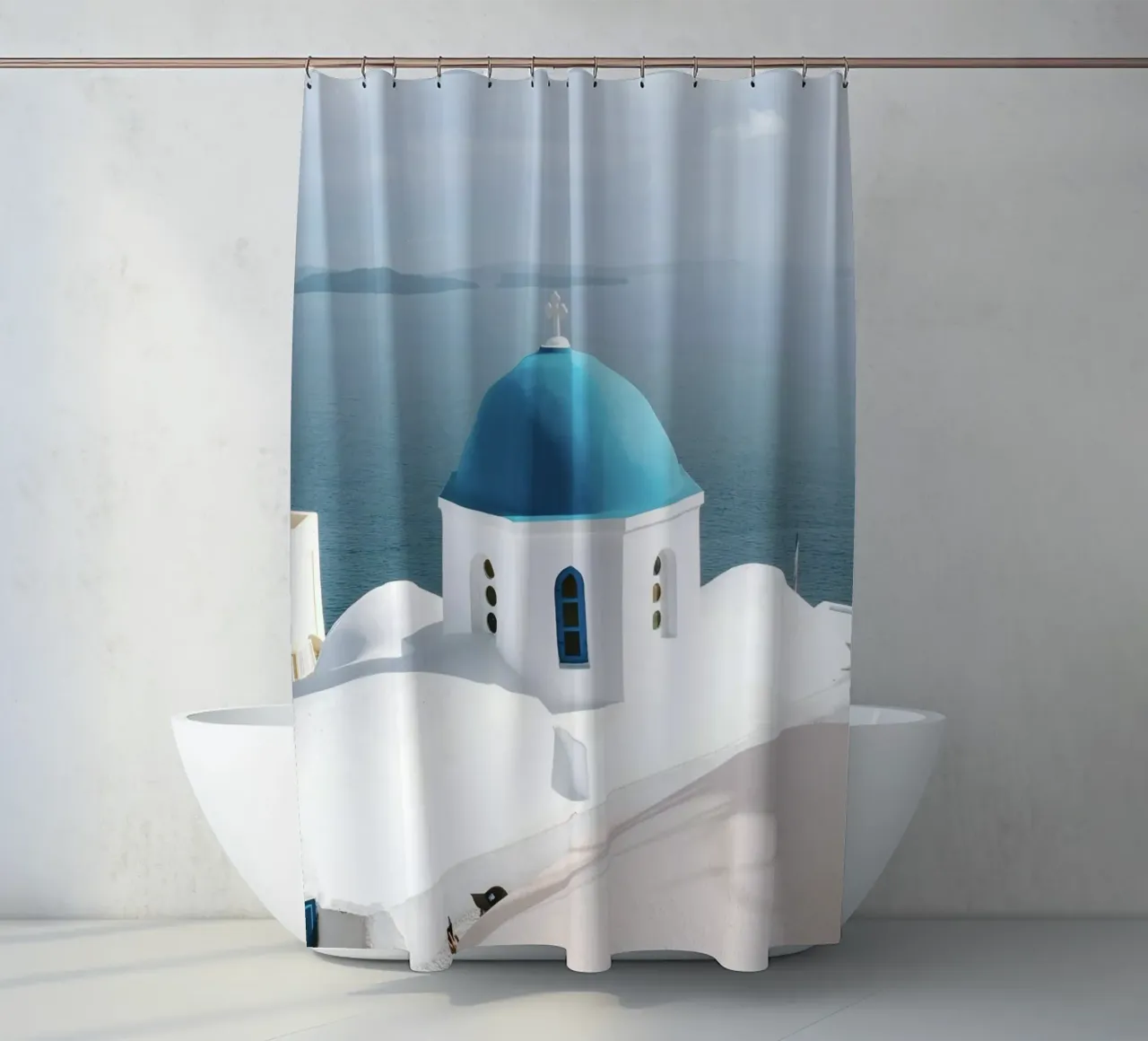Santorini Greece, Travel Print, Greek Islands, Summer Print shower curtain by TheTravelClub