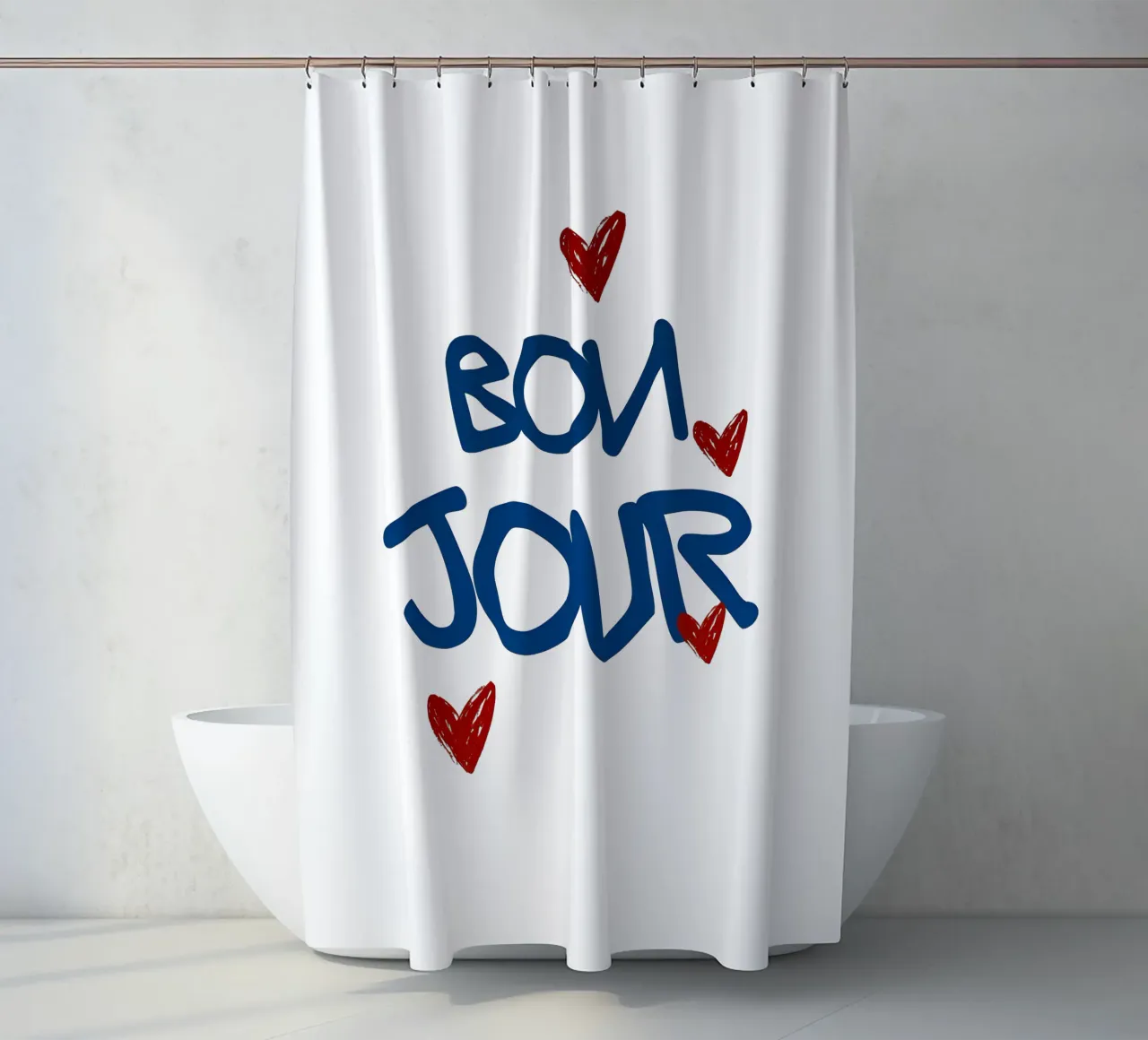 Bonjour shower curtain by Attaboy Dsgn