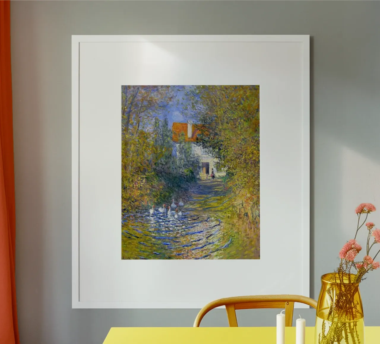 anatre nello stagno vicino alla casa di mattoni claude monet poster con telaio in alluminio da belong shop