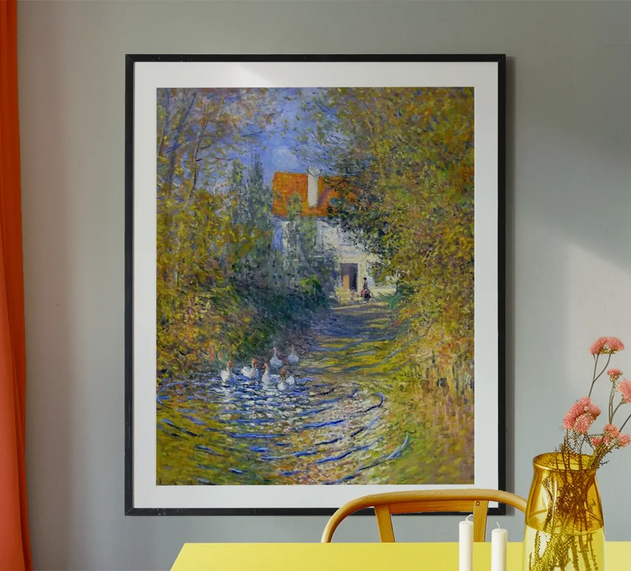 anatre nello stagno vicino alla casa di mattoni claude monet poster con telaio in alluminio da belong shop