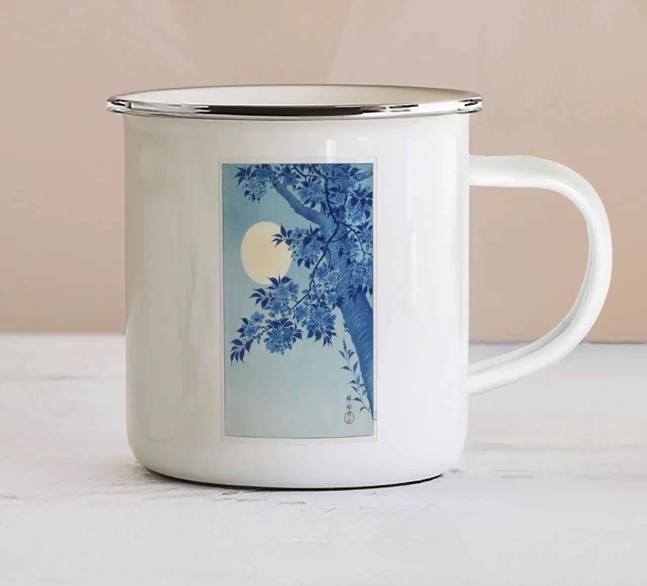 Ciliegio in fiore in una notte di luna di Ohara Koson (1932 ca.) tazza in smalto da Venus Art