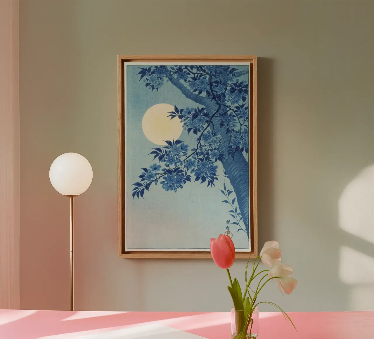 Ciliegio in fiore in una notte di luna di Ohara Koson (1932 ca.) tela con Cornice a cassetta da Venus Art