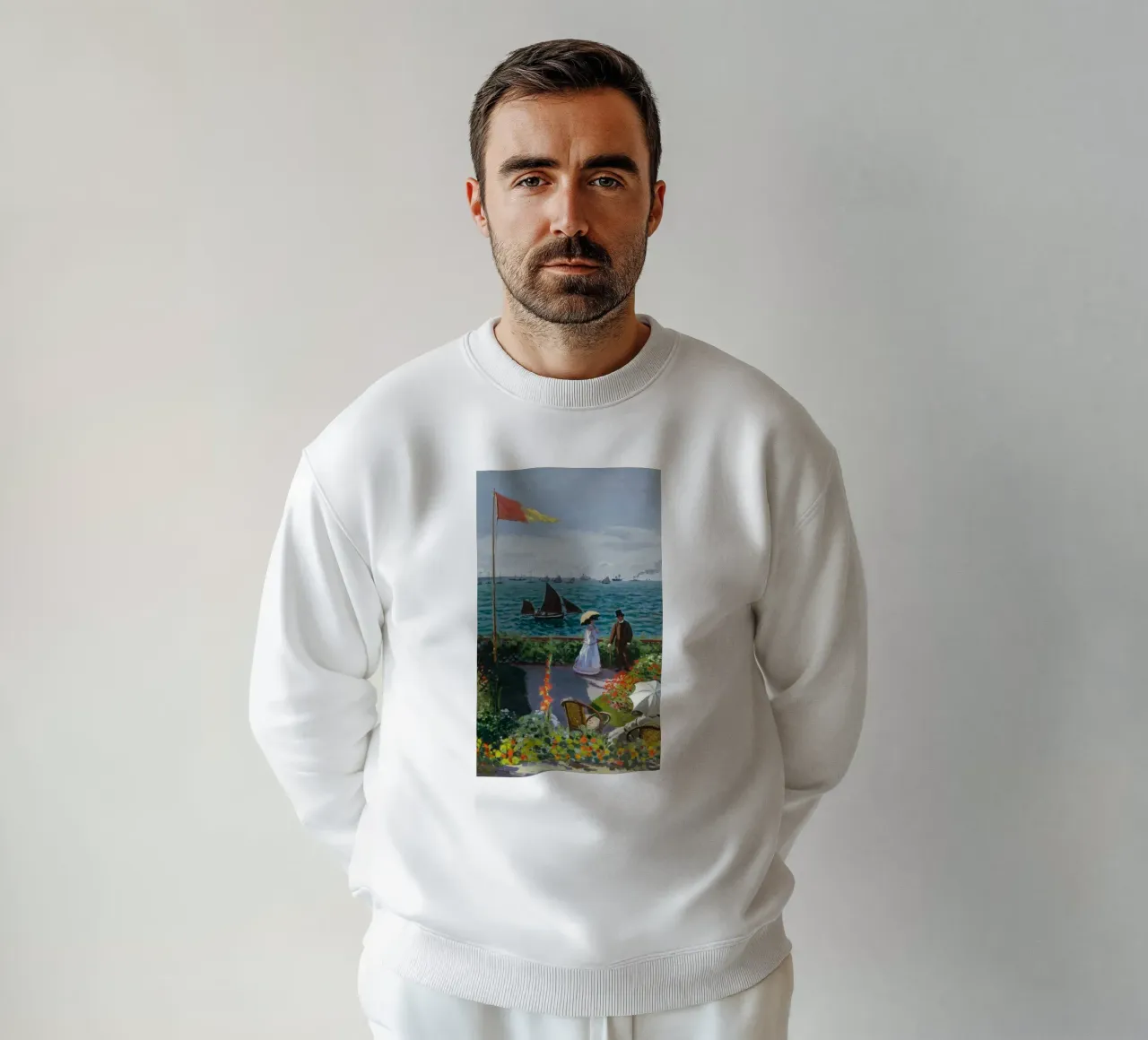femme avec parapluie vue sur l'océan vagues voilier claude monet sweat de belong shop