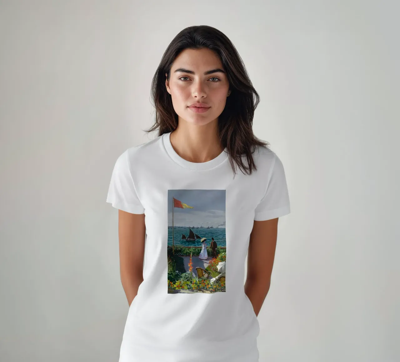 femme avec parapluie vue sur l'océan vagues voilier claude monet t-shirt de belong shop