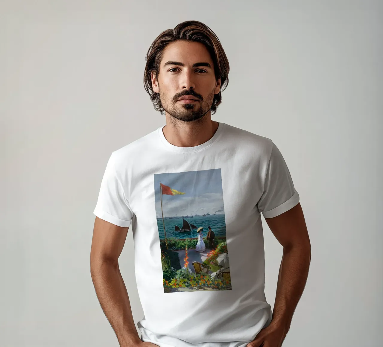femme avec parapluie vue sur l'océan vagues voilier claude monet t-shirt de belong shop
