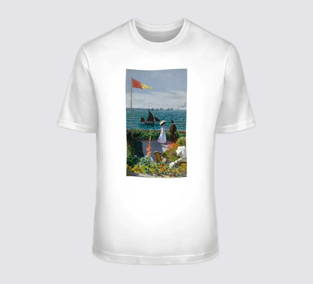 femme avec parapluie vue sur l'océan vagues voilier claude monet t-shirt de belong shop