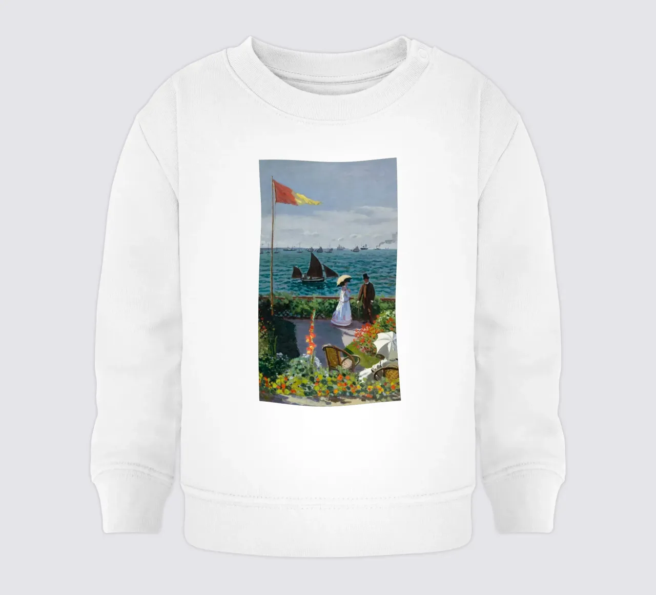 femme avec parapluie vue sur l'océan vagues voilier claude monet sweat pour bébé de belong shop
