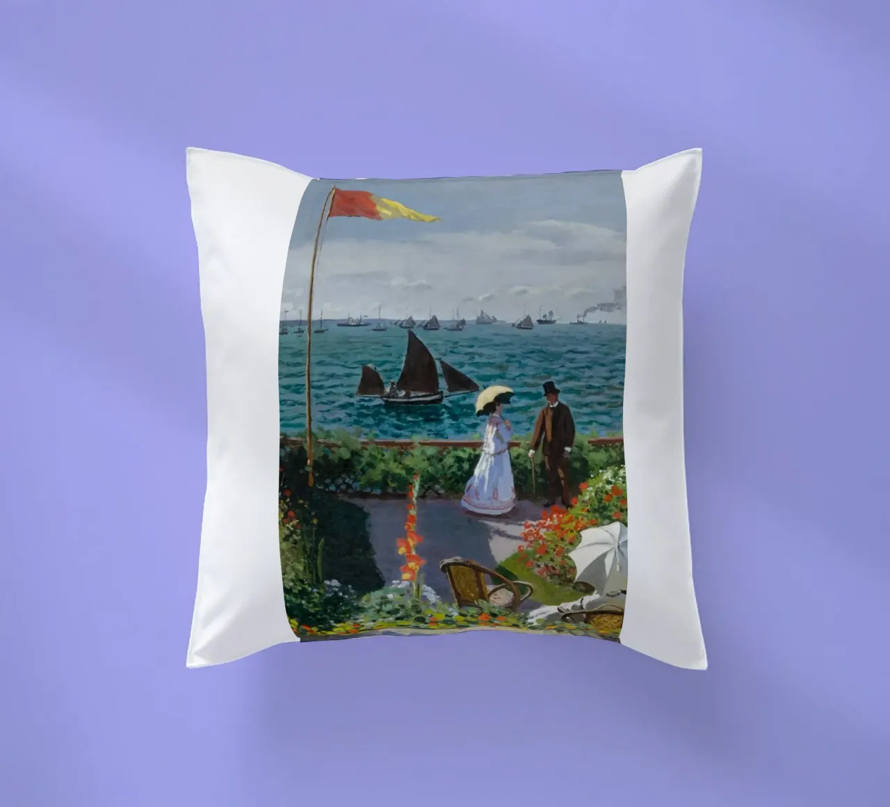 femme avec parapluie vue sur l'océan vagues voilier claude monet coussin de belong shop
