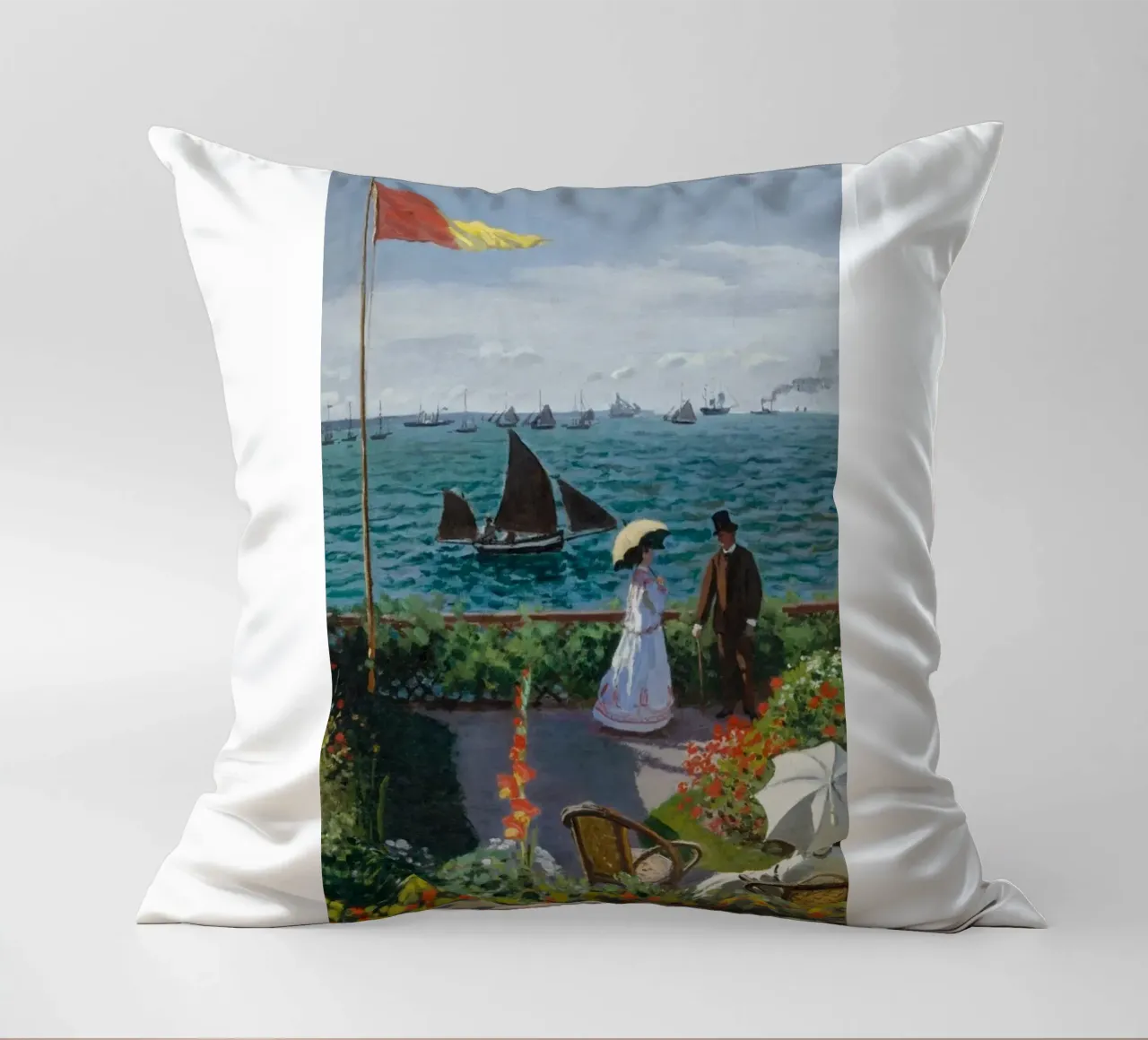 femme avec parapluie vue sur l'océan vagues voilier claude monet coussin de belong shop