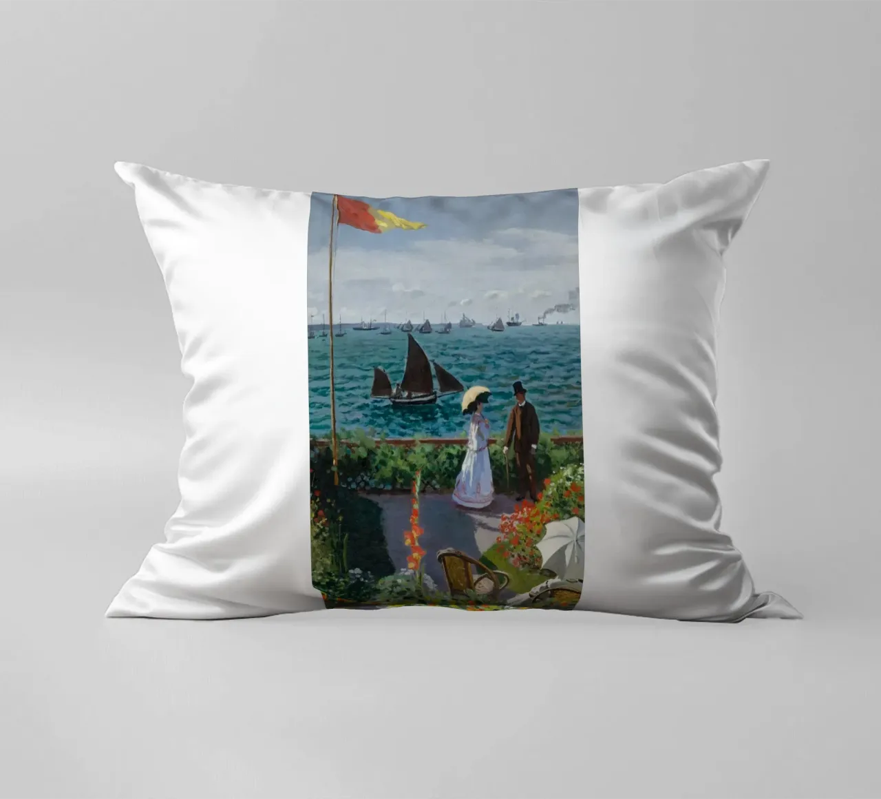 femme avec parapluie vue sur l'océan vagues voilier claude monet coussin de belong shop