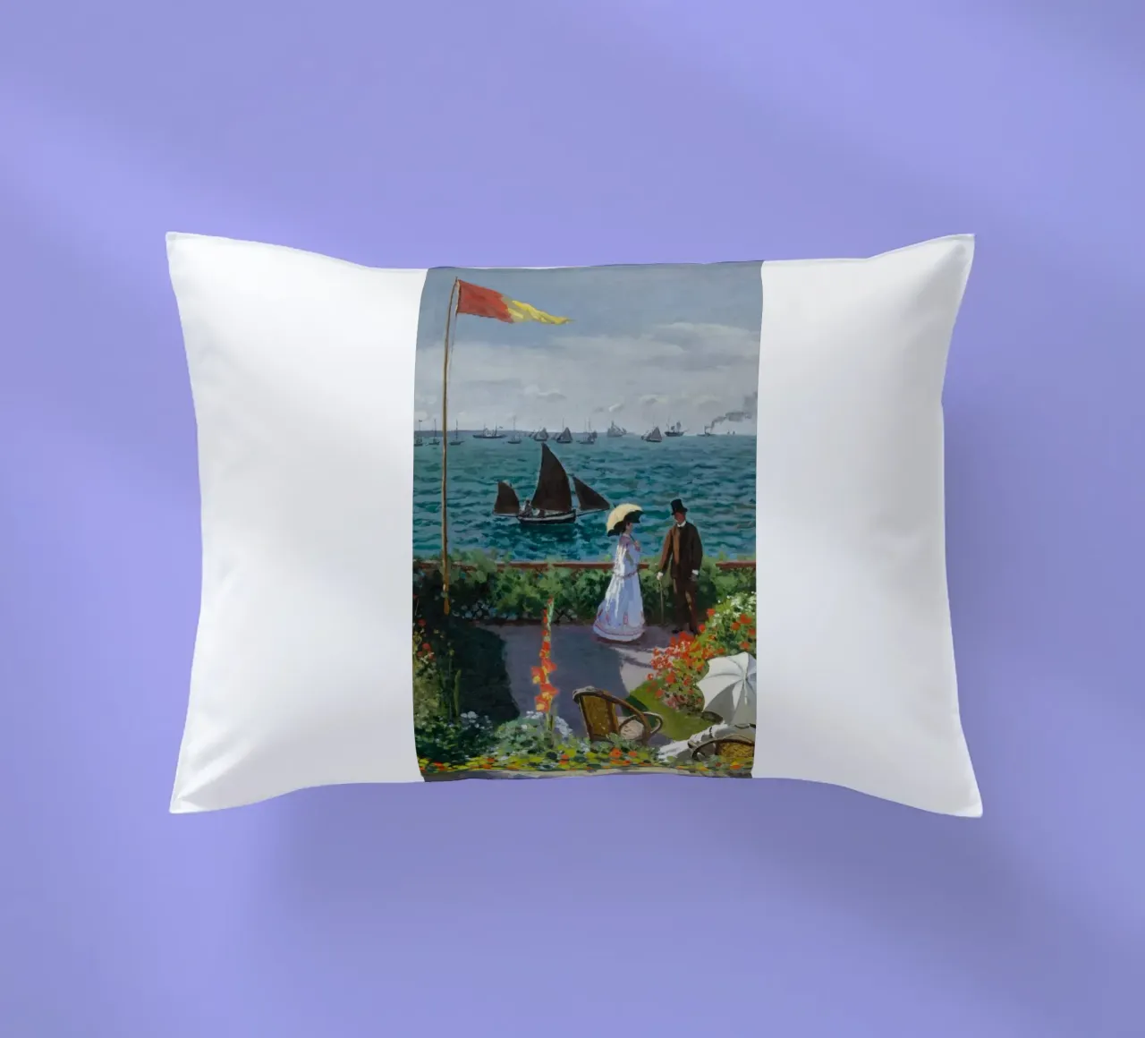 femme avec parapluie vue sur l'océan vagues voilier claude monet coussin de belong shop