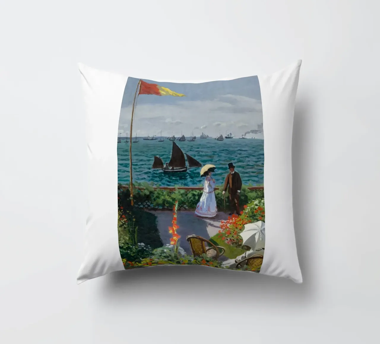 femme avec parapluie vue sur l'océan vagues voilier claude monet coussin de belong shop