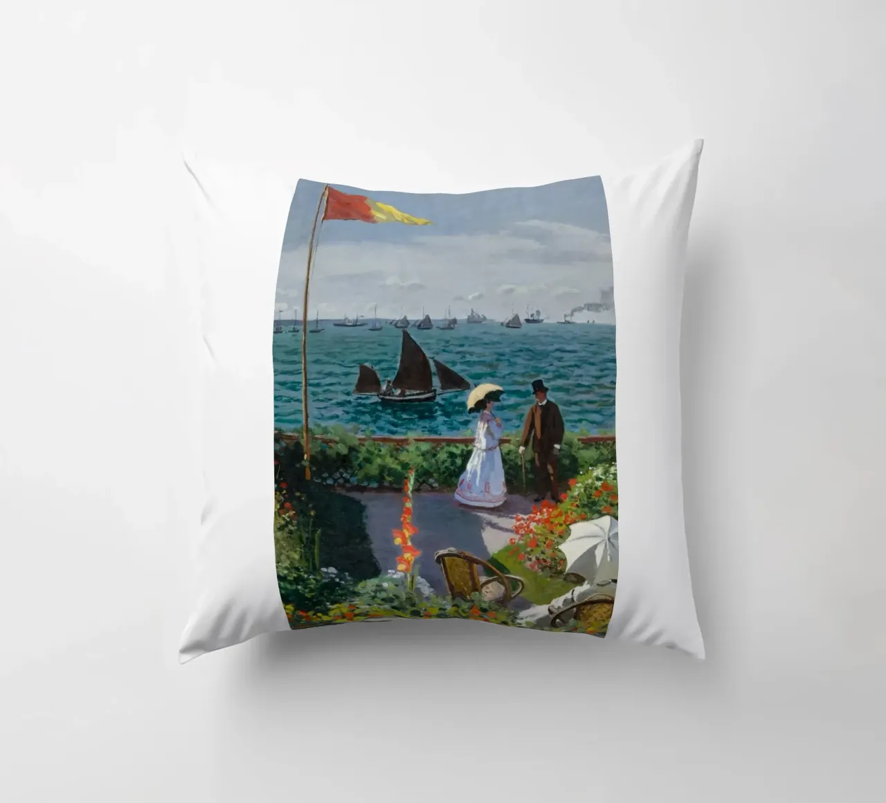 femme avec parapluie vue sur l'océan vagues voilier claude monet coussin de belong shop