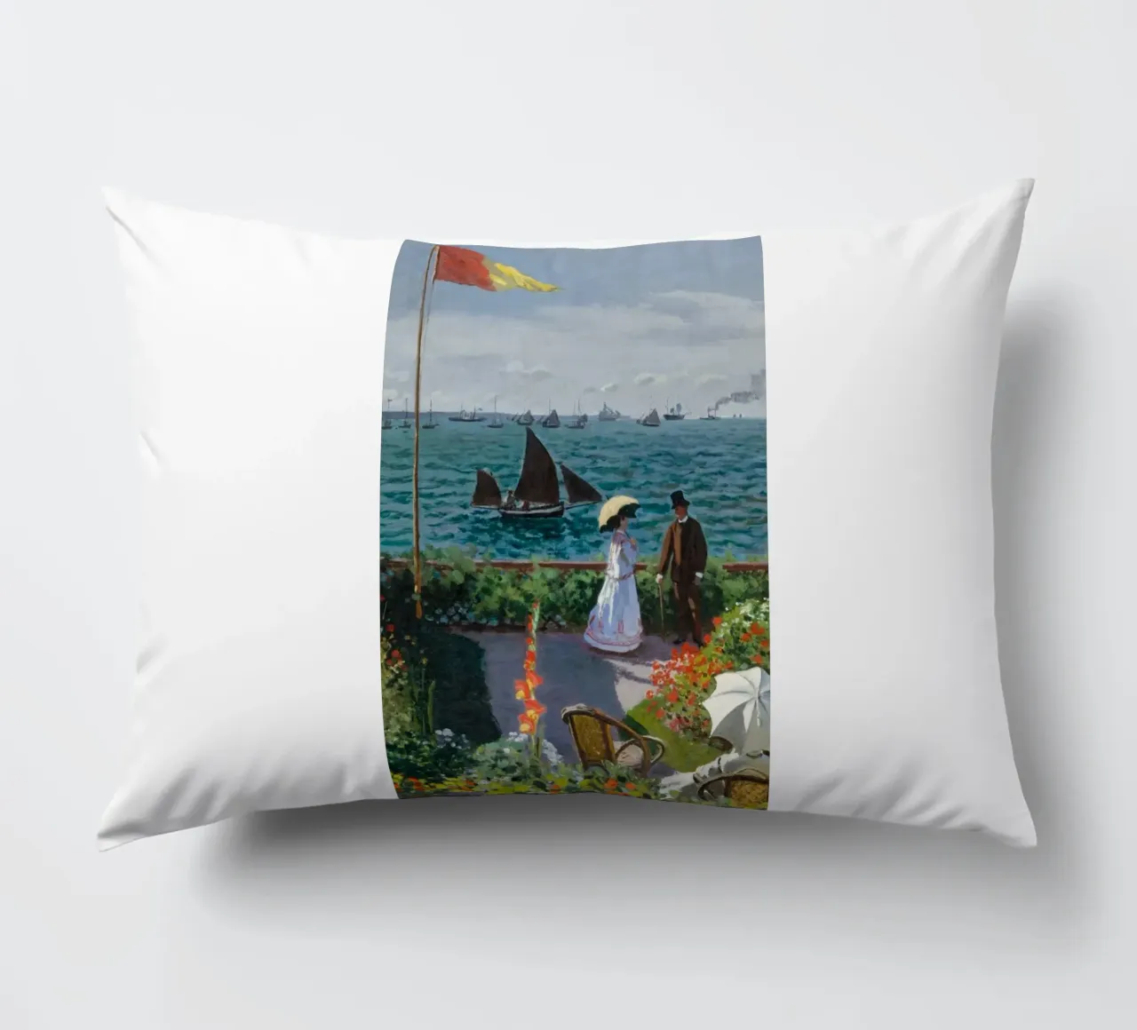 femme avec parapluie vue sur l'océan vagues voilier claude monet coussin de belong shop