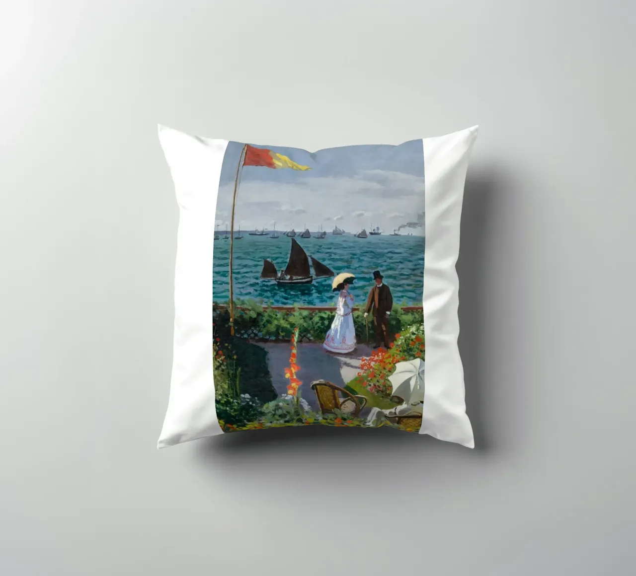 femme avec parapluie vue sur l'océan vagues voilier claude monet coussin de belong shop