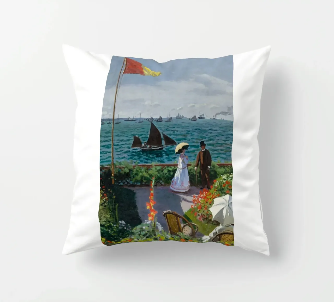 femme avec parapluie vue sur l'océan vagues voilier claude monet coussin de belong shop