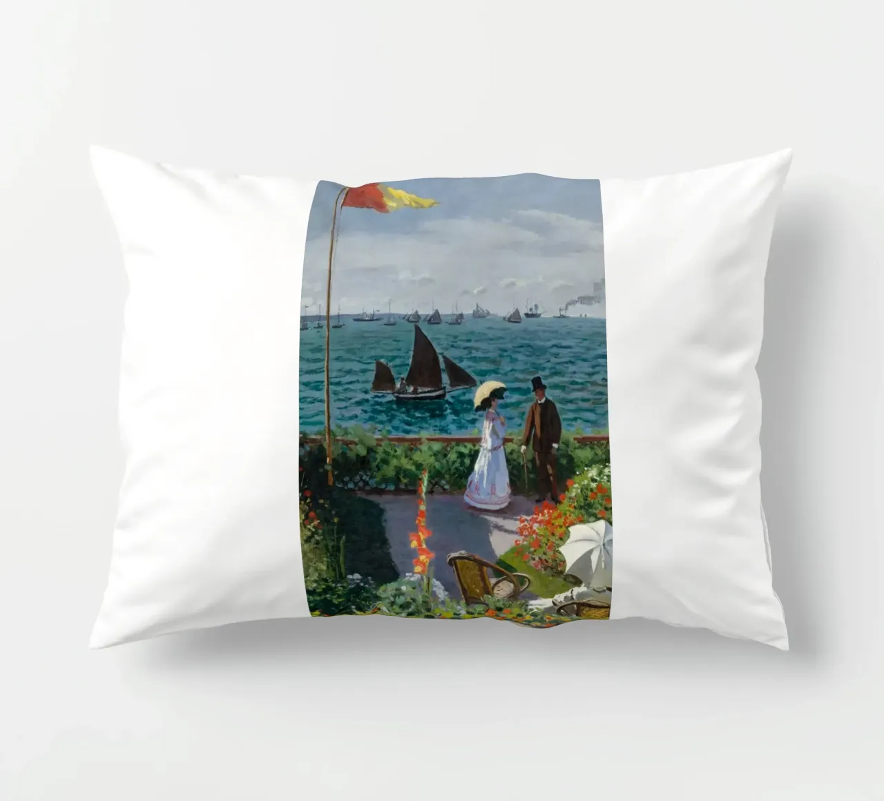 femme avec parapluie vue sur l'océan vagues voilier claude monet coussin de belong shop