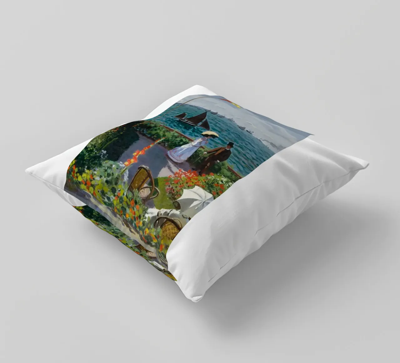 femme avec parapluie vue sur l'océan vagues voilier claude monet coussin de belong shop
