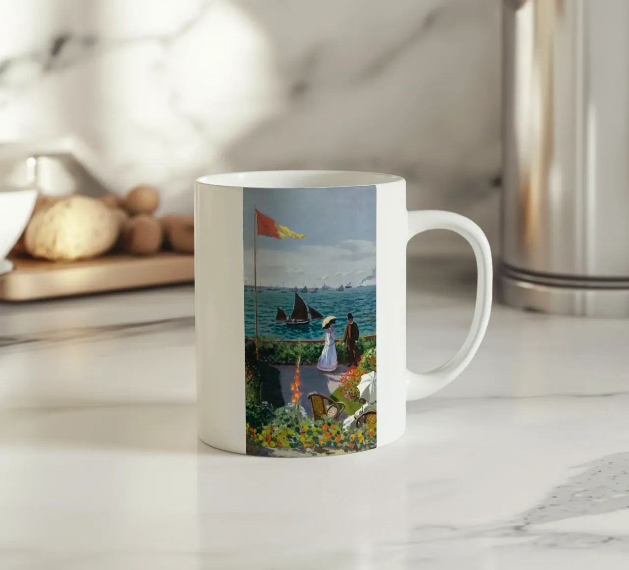 femme avec parapluie vue sur l'océan vagues voilier claude monet mug en céramique de belong shop