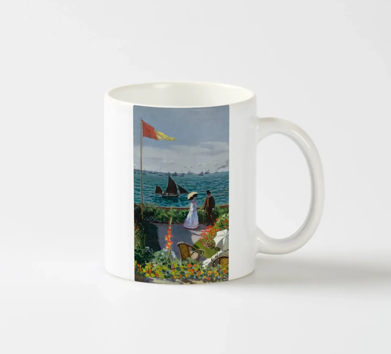 femme avec parapluie vue sur l'océan vagues voilier claude monet mug en céramique de belong shop