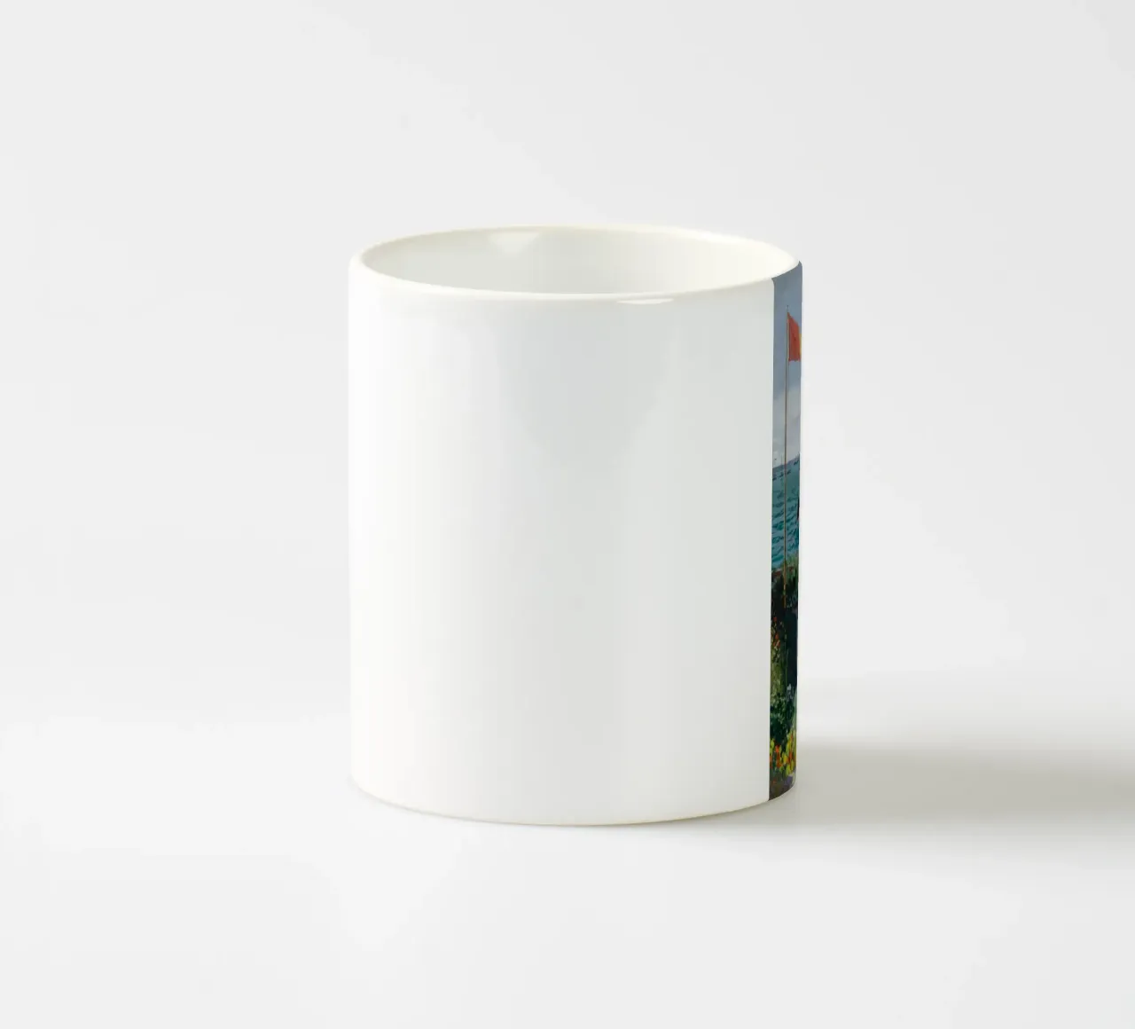 femme avec parapluie vue sur l'océan vagues voilier claude monet mug en céramique de belong shop