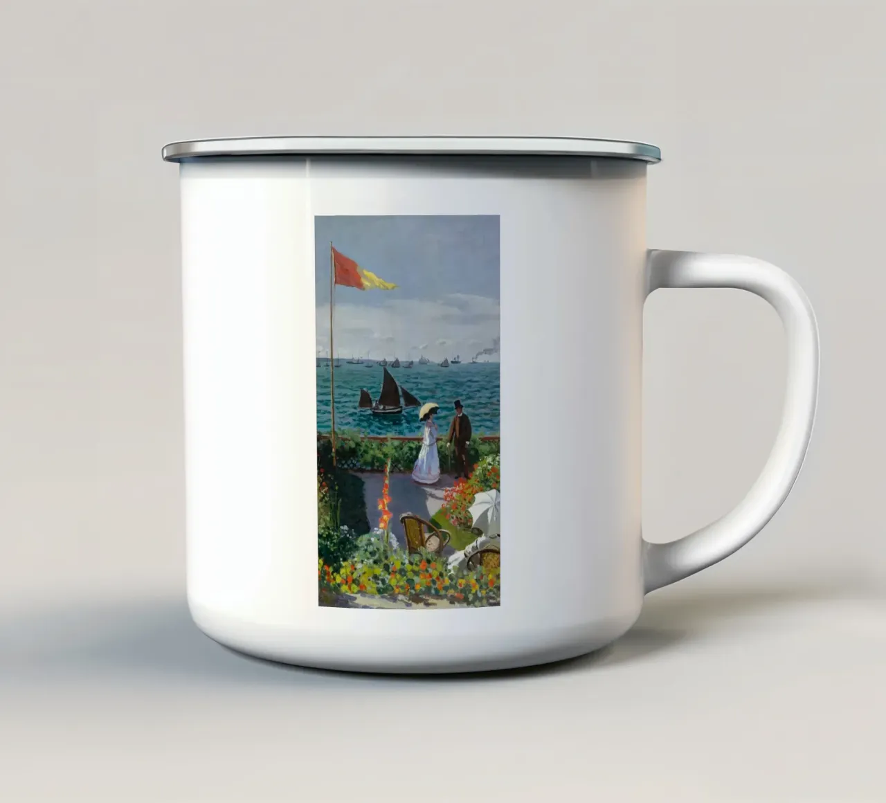 femme avec parapluie vue sur l'océan vagues voilier claude monet mug en émail de belong shop