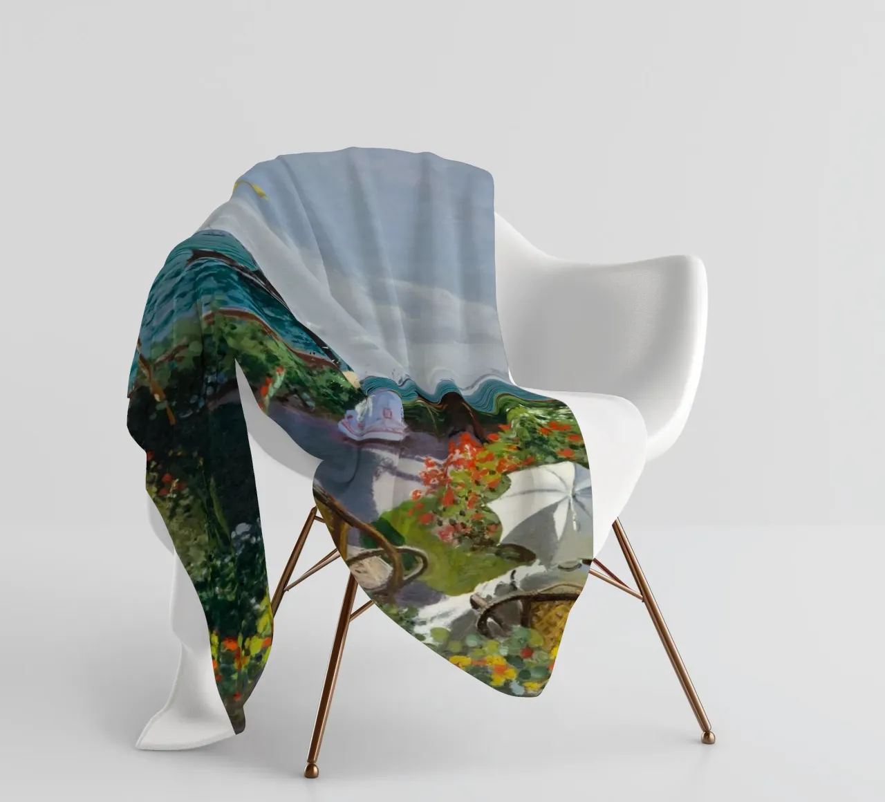 femme avec parapluie vue sur l'océan vagues voilier claude monet plaid polaire de belong shop