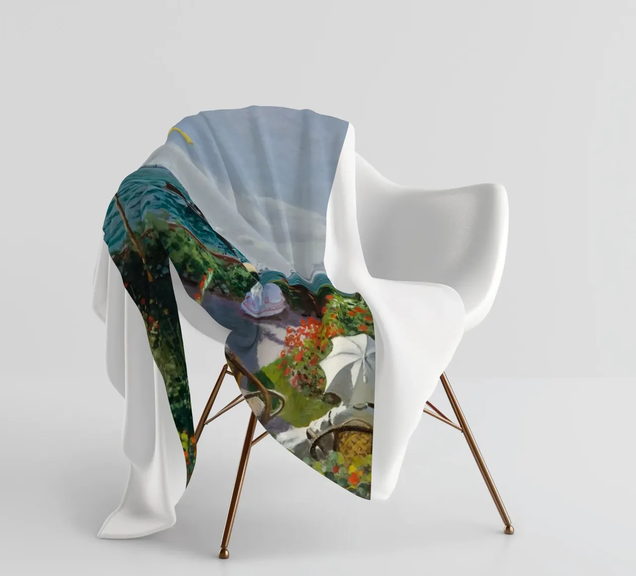 femme avec parapluie vue sur l'océan vagues voilier claude monet plaid polaire de belong shop