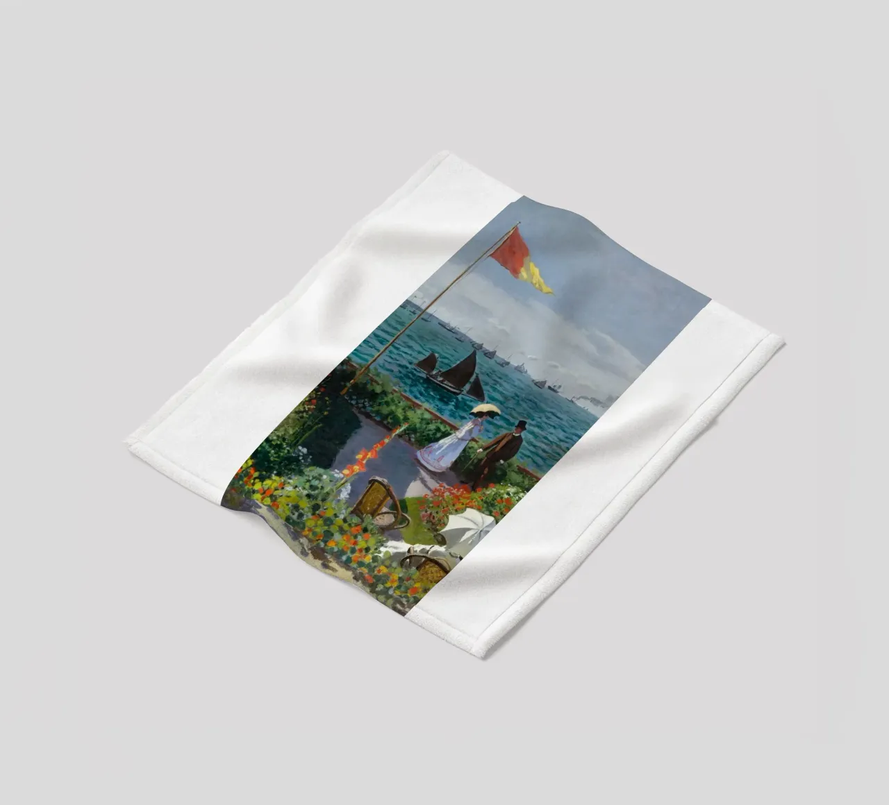 femme avec parapluie vue sur l'océan vagues voilier claude monet plaid polaire de belong shop