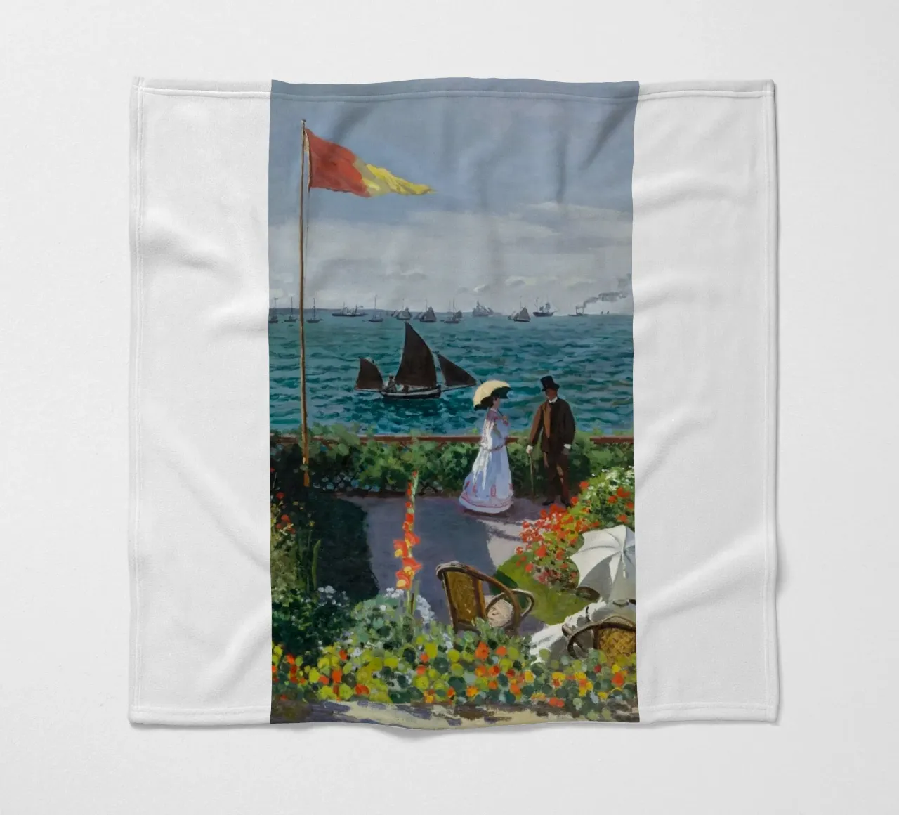 femme avec parapluie vue sur l'océan vagues voilier claude monet plaid polaire de belong shop