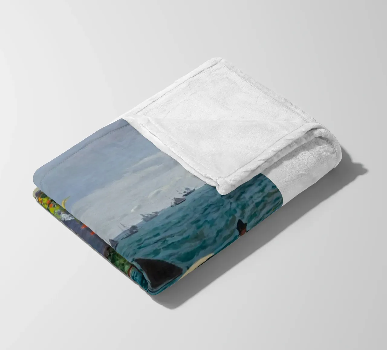 femme avec parapluie vue sur l'océan vagues voilier claude monet plaid polaire de belong shop