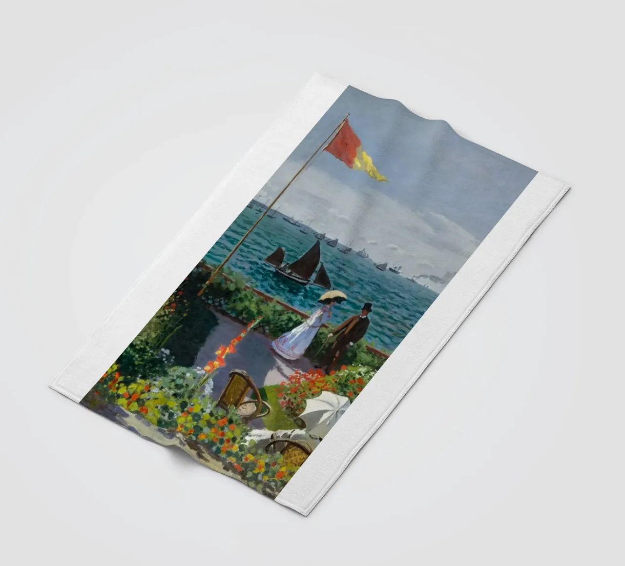 femme avec parapluie vue sur l'océan vagues voilier claude monet plaid polaire de belong shop