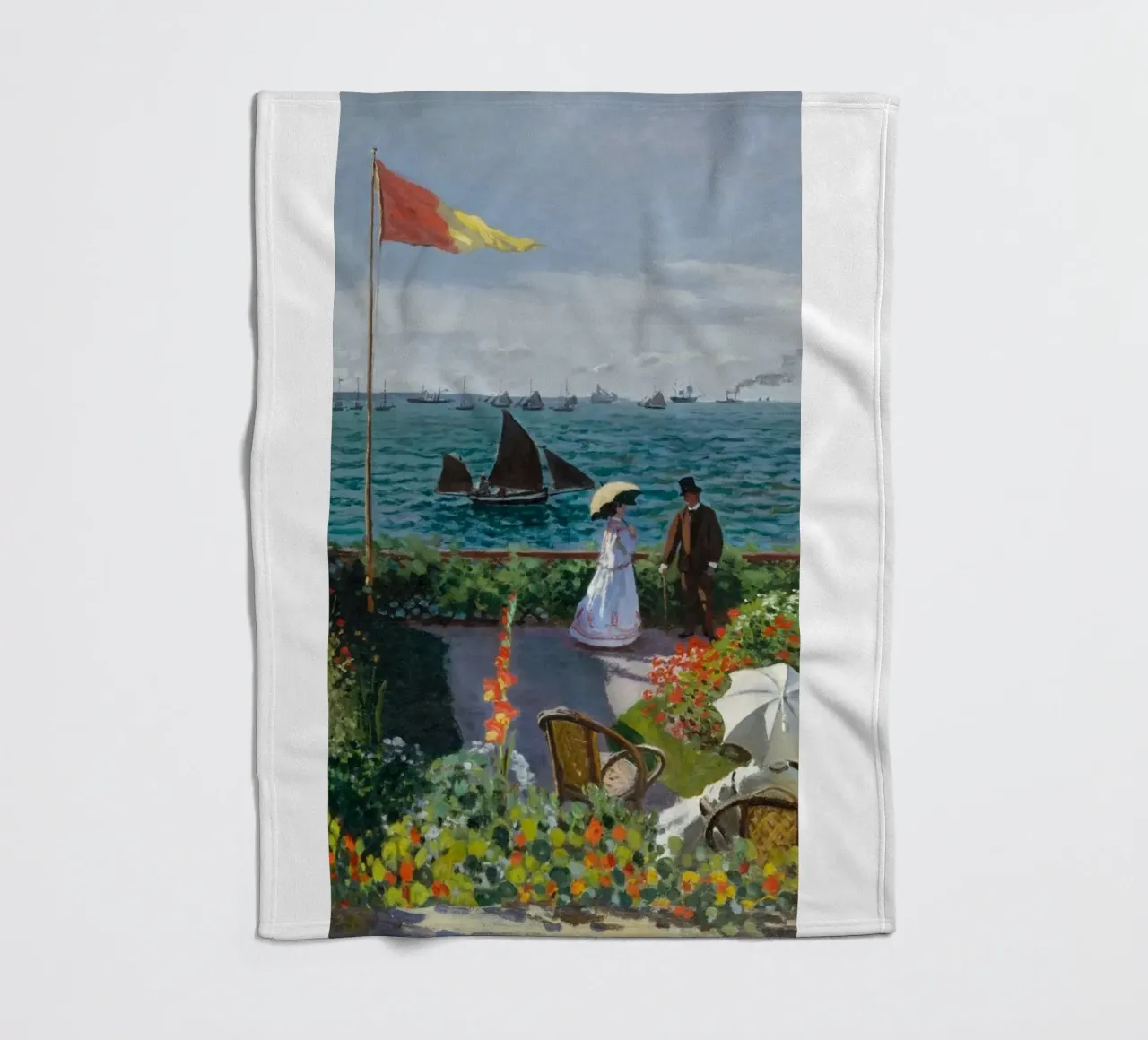 femme avec parapluie vue sur l'océan vagues voilier claude monet plaid polaire de belong shop