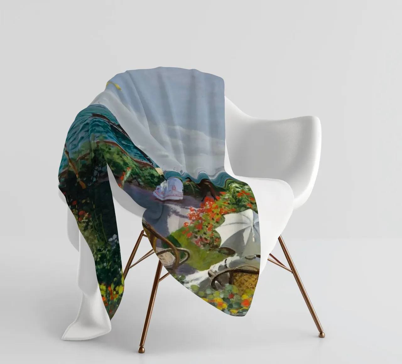 femme avec parapluie vue sur l'océan vagues voilier claude monet plaid polaire de belong shop