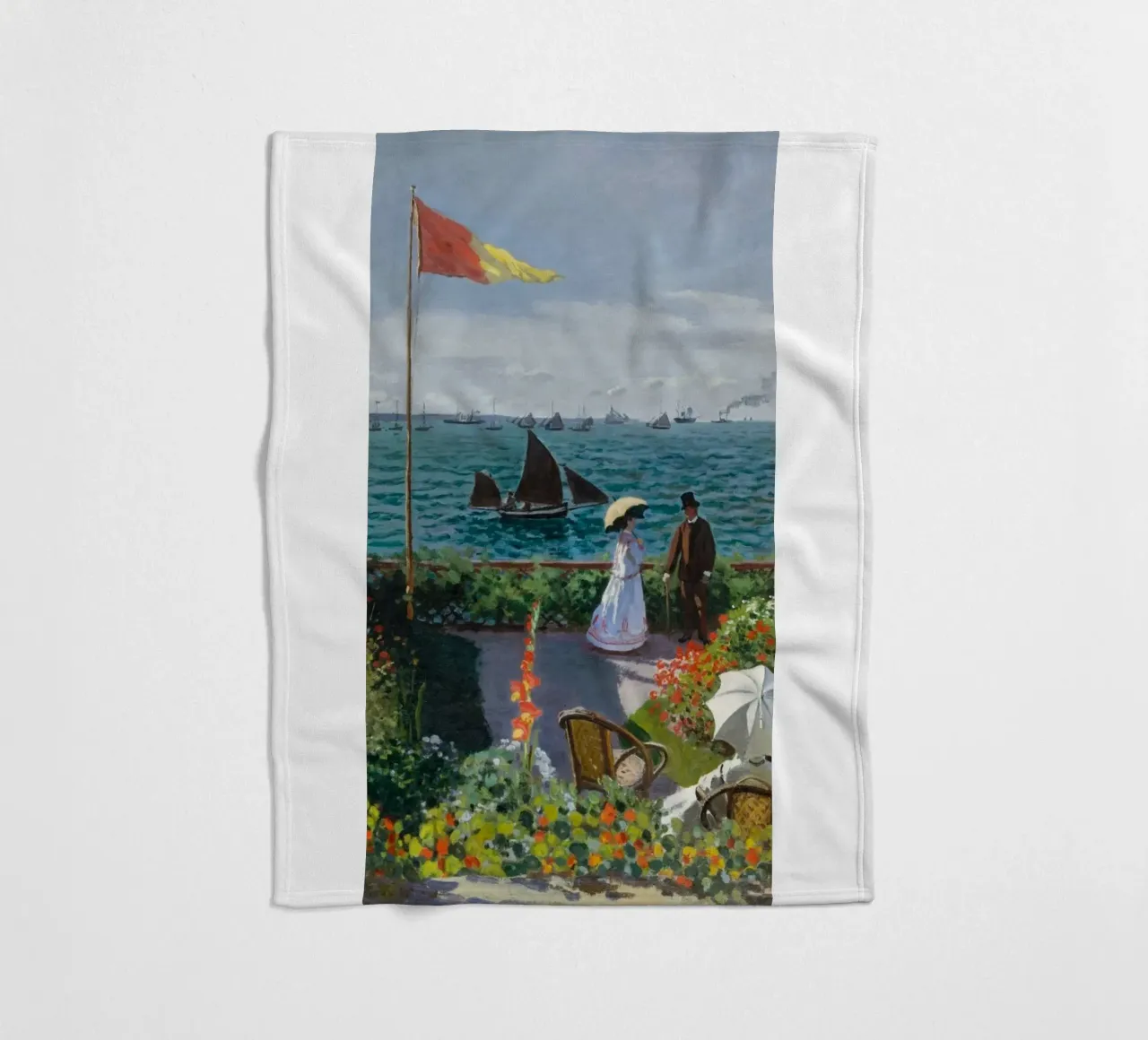 femme avec parapluie vue sur l'océan vagues voilier claude monet plaid polaire de belong shop